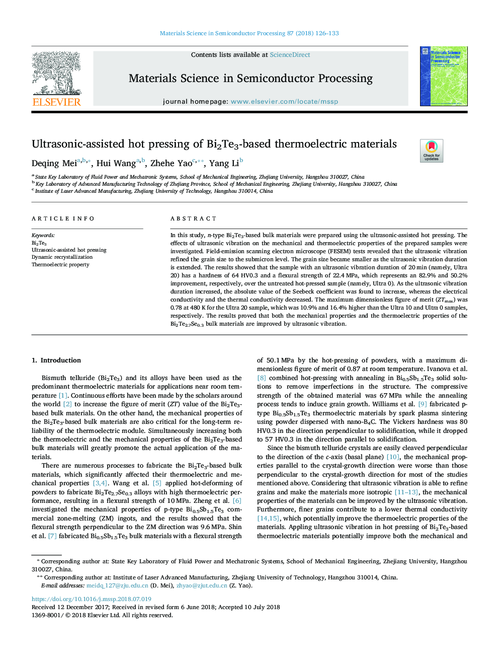 Ultrasonic-assisted hot pressing of Bi2Te3-based thermoelectric materials
