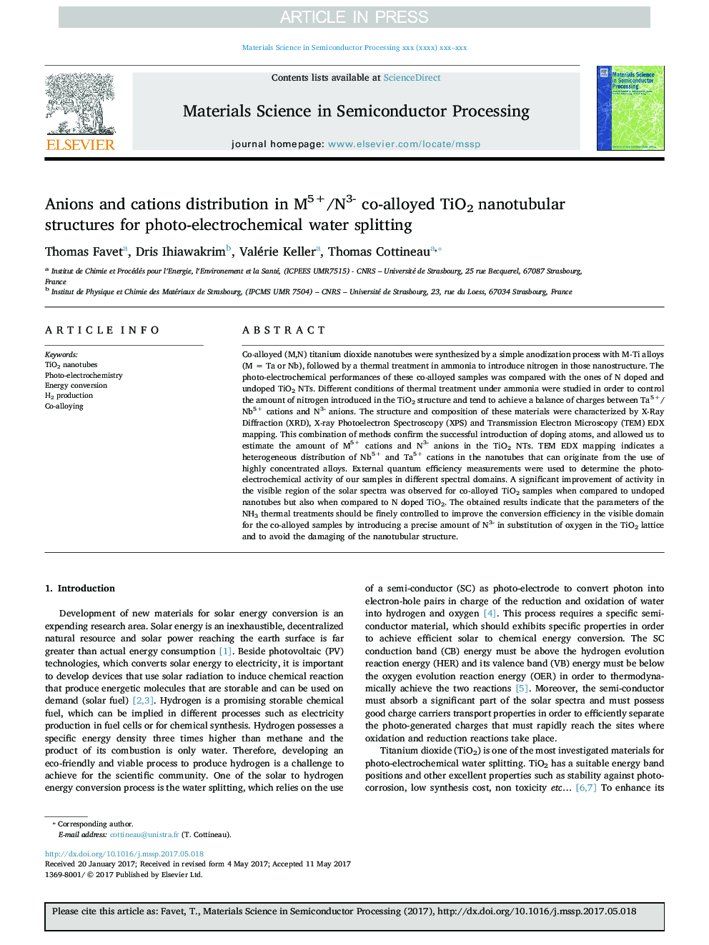 Anions and cations distribution in M5+/N3- co-alloyed TiO2 nanotubular structures for photo-electrochemical water splitting