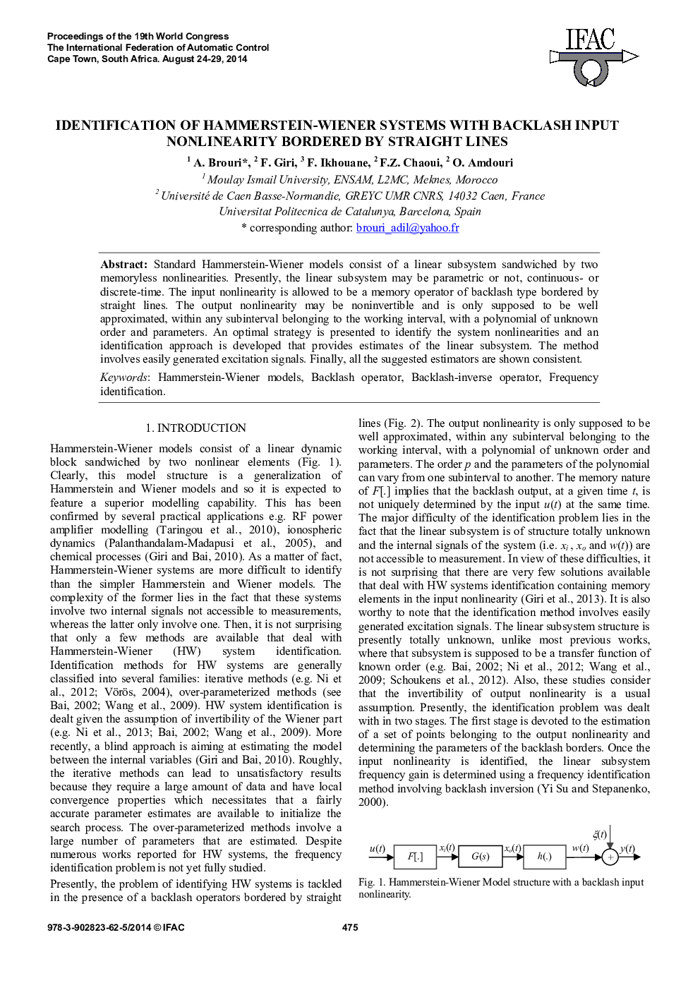 IDENTIFICATION OF HAMMERSTEIN-WIENER SYSTEMS WITH BACKLASH INPUT NONLINEARITY BORDERED BY STRAIGHT LINES