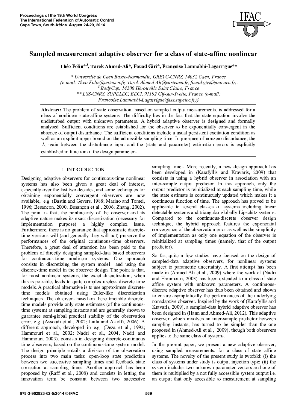 Sampled measurement adaptive observer for a class of state-affine nonlinear