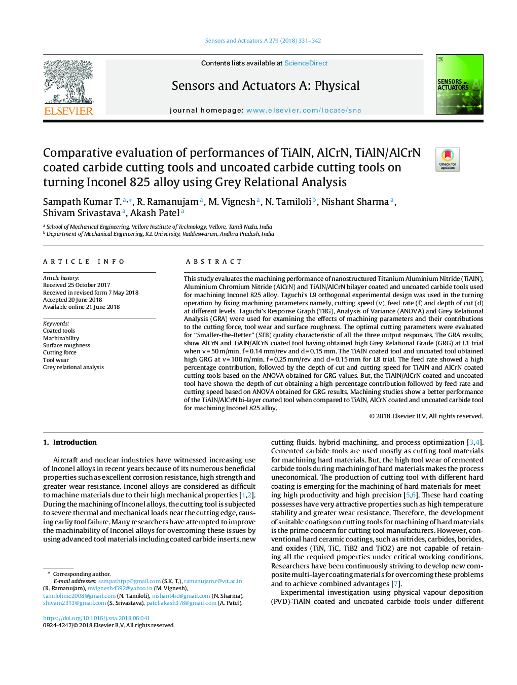 Comparative evaluation of performances of TiAlN, AlCrN, TiAlN/AlCrN coated carbide cutting tools and uncoated carbide cutting tools on turning Inconel 825 alloy using Grey Relational Analysis