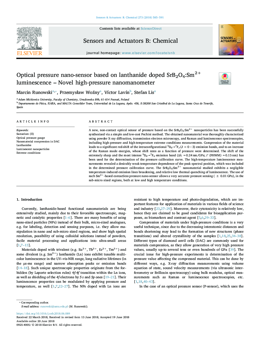 Optical pressure nano-sensor based on lanthanide doped SrB2O4:Sm2+ luminescence - Novel high-pressure nanomanometer