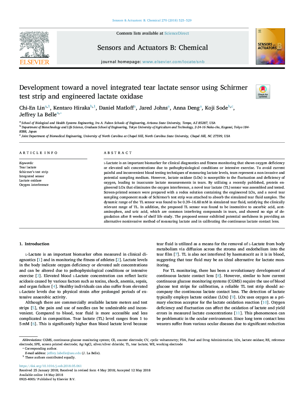 Development toward a novel integrated tear lactate sensor using Schirmer test strip and engineered lactate oxidase