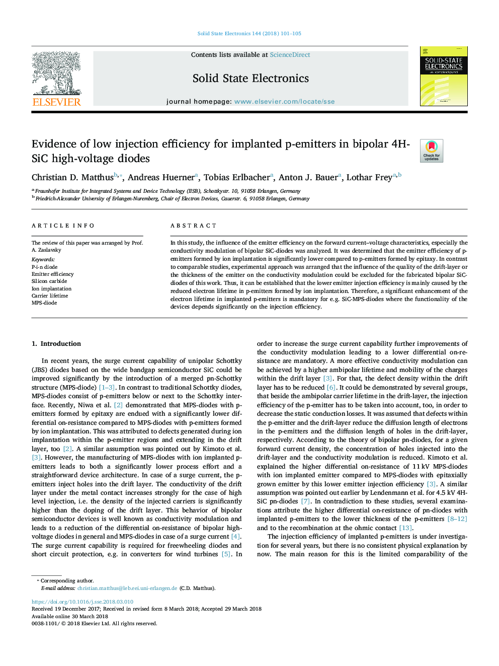 Evidence of low injection efficiency for implanted p-emitters in bipolar 4H-SiC high-voltage diodes