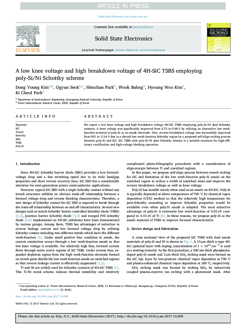 A low knee voltage and high breakdown voltage of 4H-SiC TSBS employing poly-Si/Ni Schottky scheme