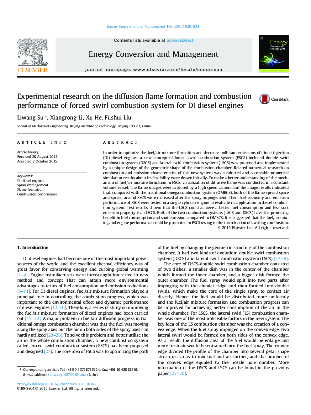 Experimental research on the diffusion flame formation and combustion performance of forced swirl combustion system for DI diesel engines