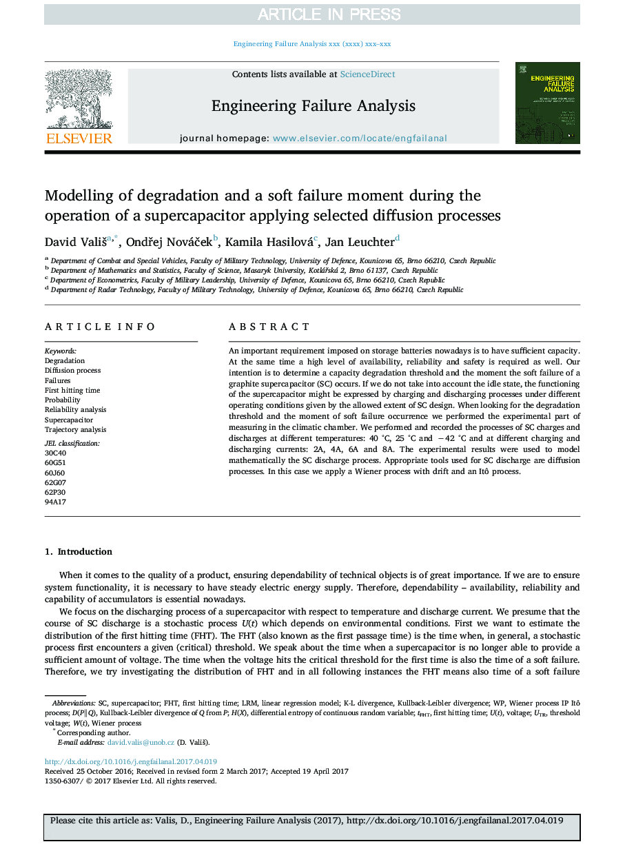 Modelling of degradation and a soft failure moment during the operation of a supercapacitor applying selected diffusionÂ processes