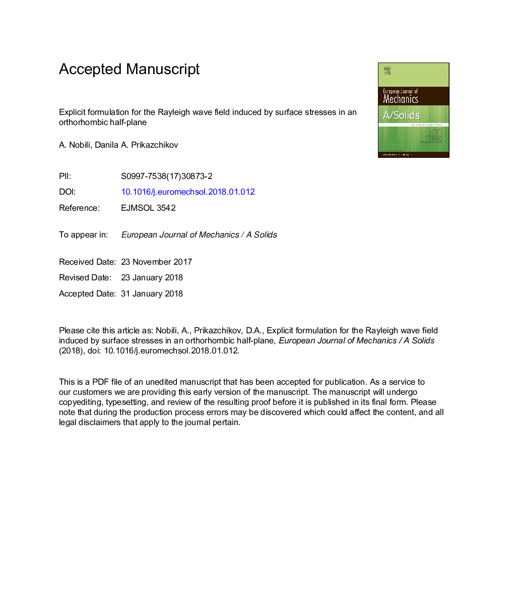فرمول های صریح برای میدان موج ریلی ناشی از تنش های سطحی در نیمه هواپیما ارتوامبیک 