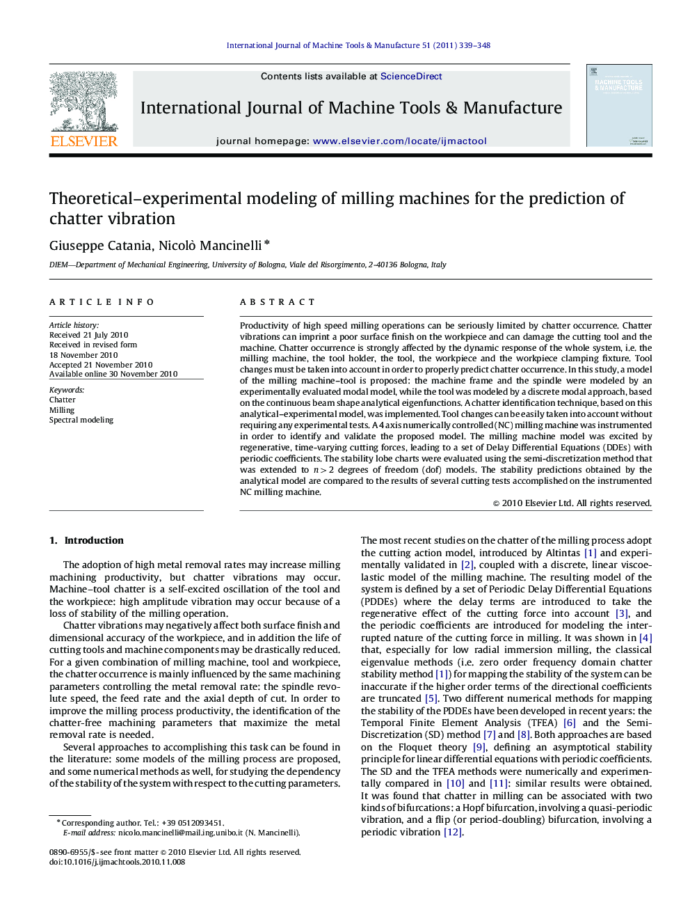 Theoretical-experimental modeling of milling machines for the prediction of chatter vibration