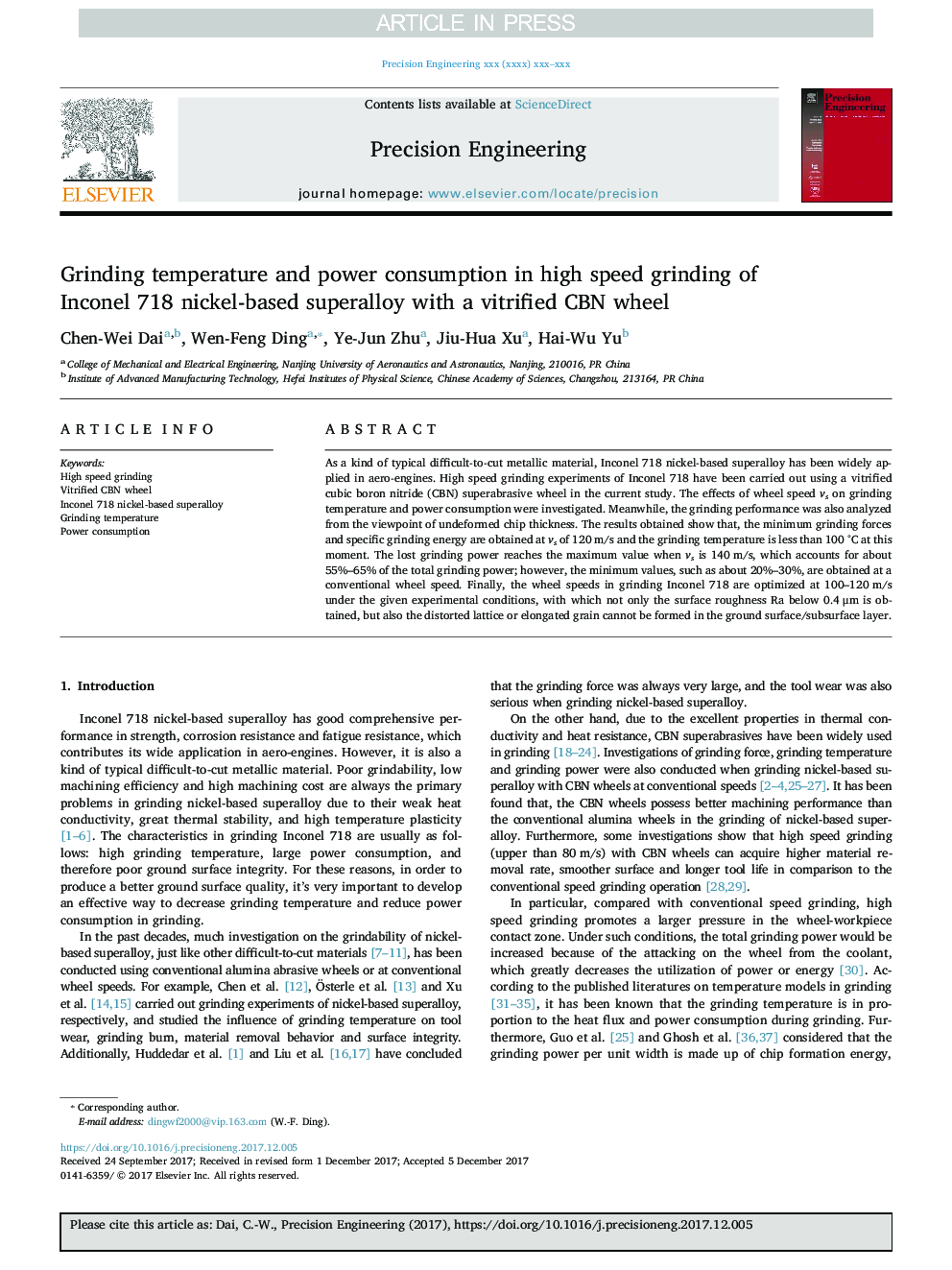 Grinding temperature and power consumption in high speed grinding of Inconel 718 nickel-based superalloy with a vitrified CBN wheel