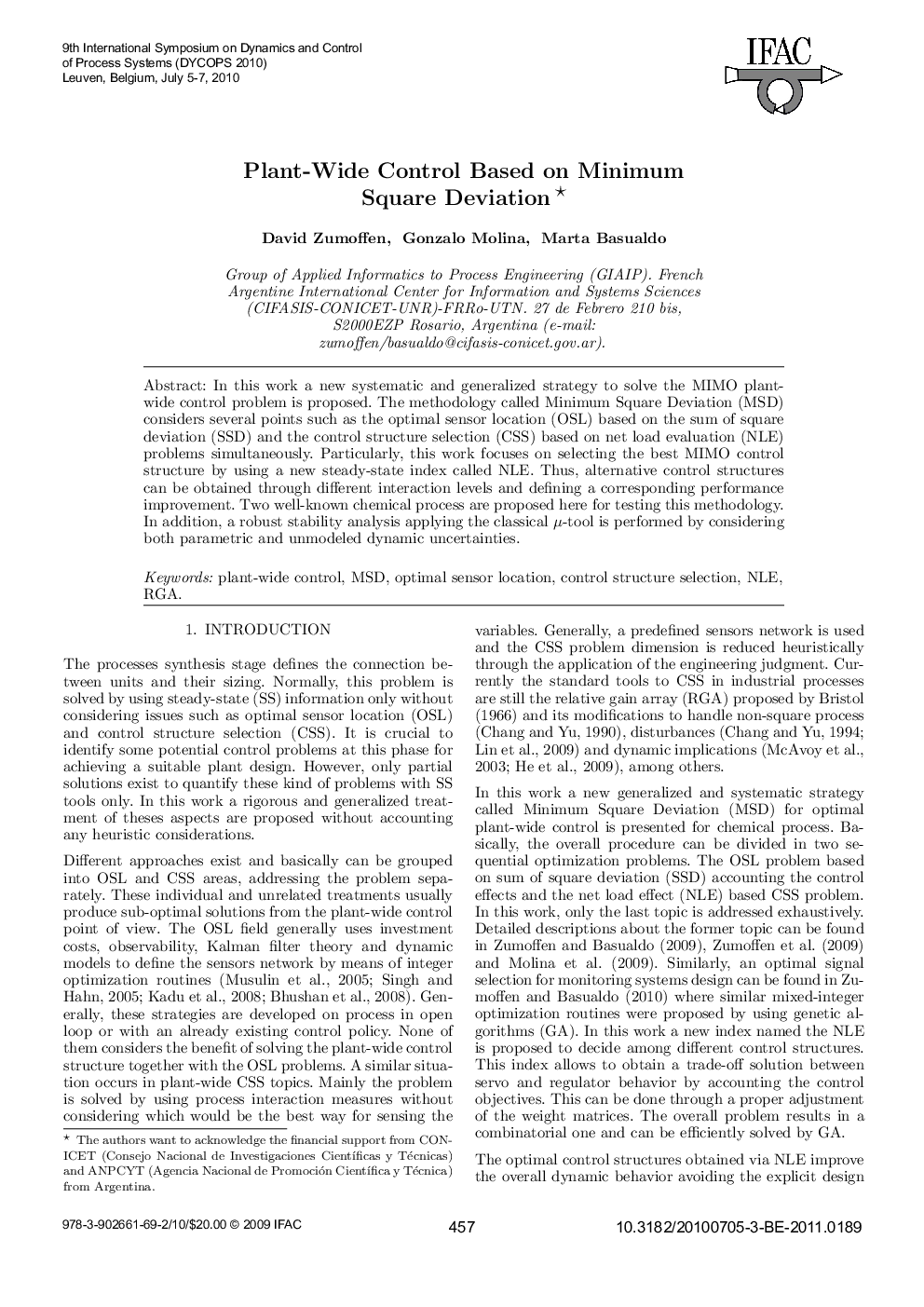 Plant-Wide Control Based on Minimum Square Deviation 