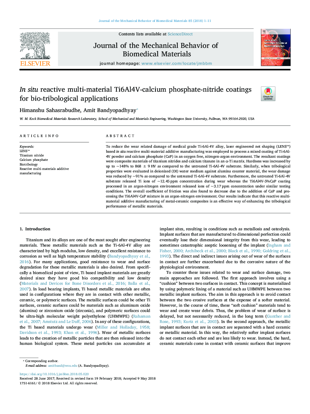 In situ reactive multi-material Ti6Al4V-calcium phosphate-nitride coatings for bio-tribological applications