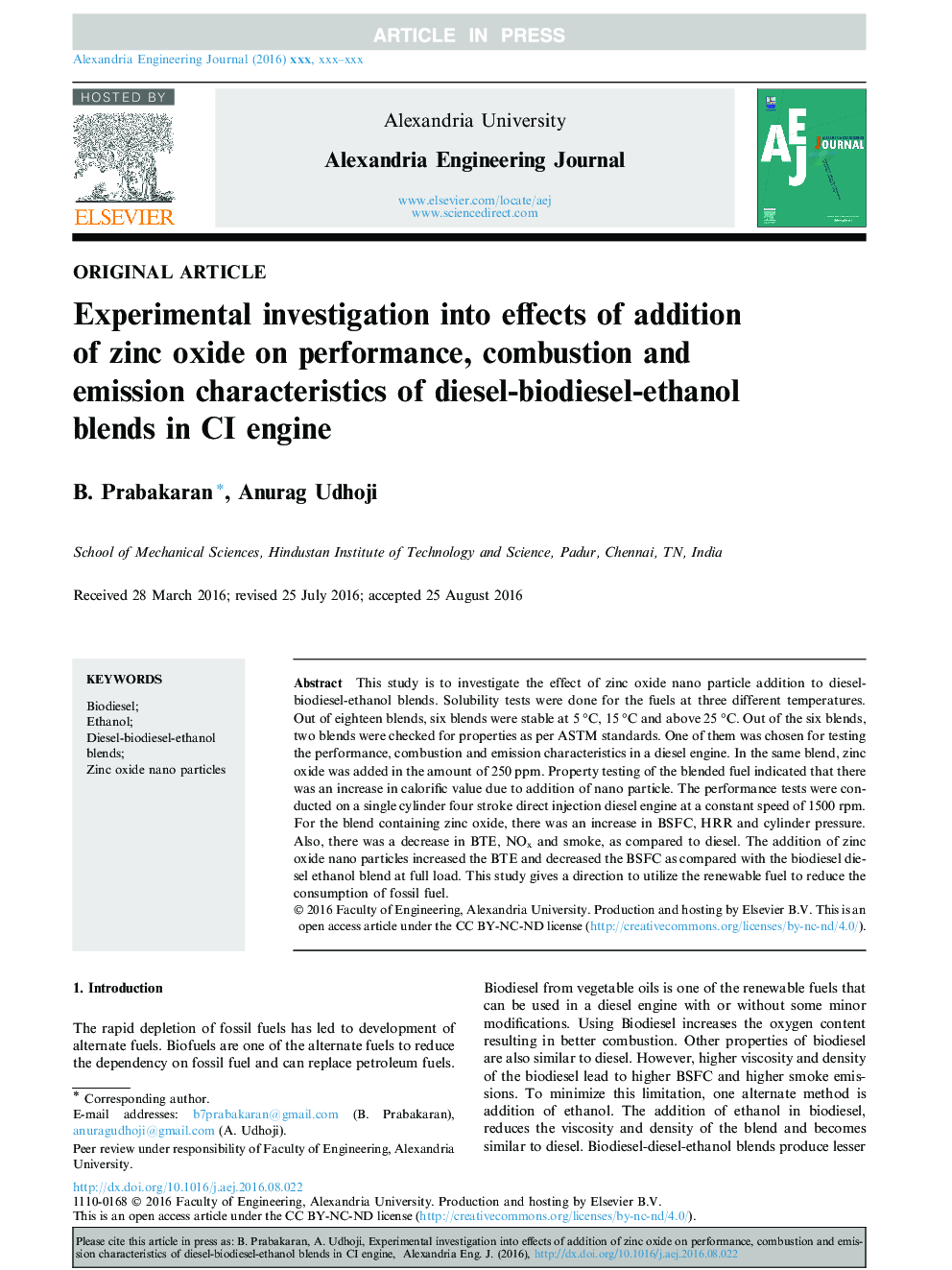 Experimental investigation into effects of addition of zinc oxide on performance, combustion and emission characteristics of diesel-biodiesel-ethanol blends in CI engine
