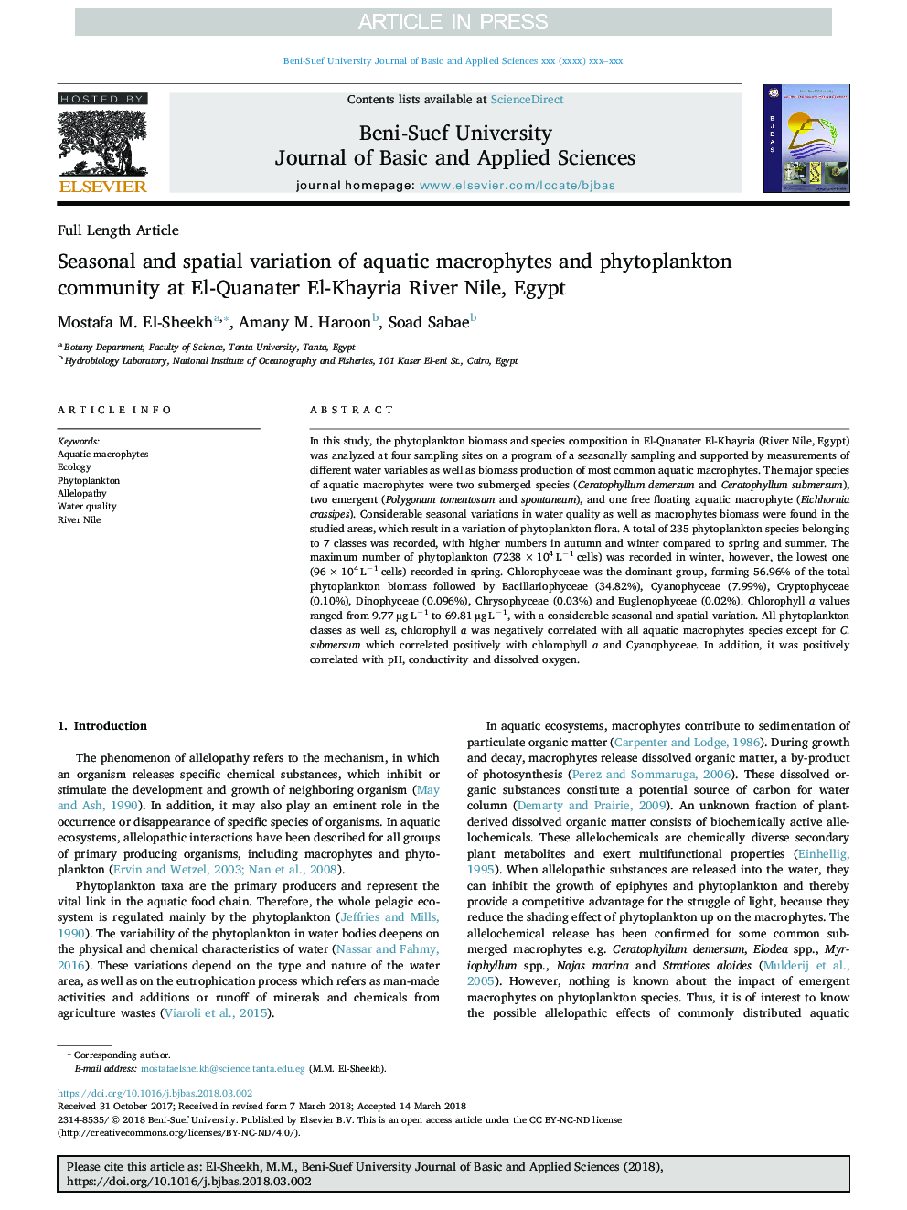 Seasonal and spatial variation of aquatic macrophytes and phytoplankton community at El-Quanater El-Khayria River Nile, Egypt