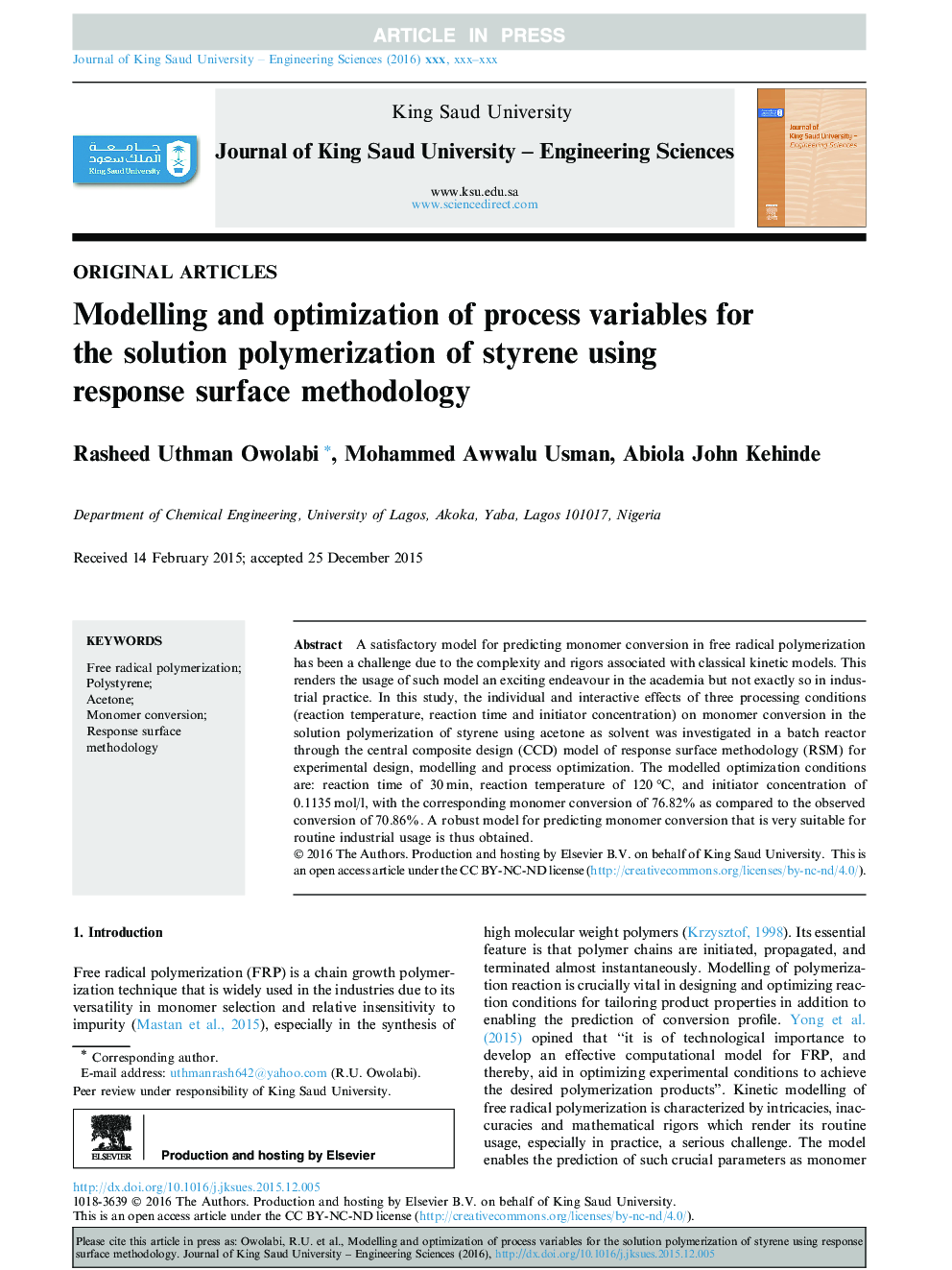 مدلسازی و بهینه سازی متغیرهای فرآیند برای پلیمریزاسیون محلول استایرن با استفاده از روش سطح پاسخ 