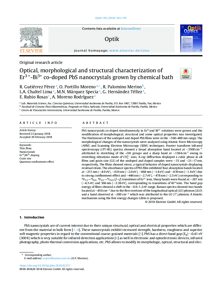 Optical, morphological and structural characterization of Er3 +-Bi3+ co-doped PbS nanocrystals grown by chemical bath