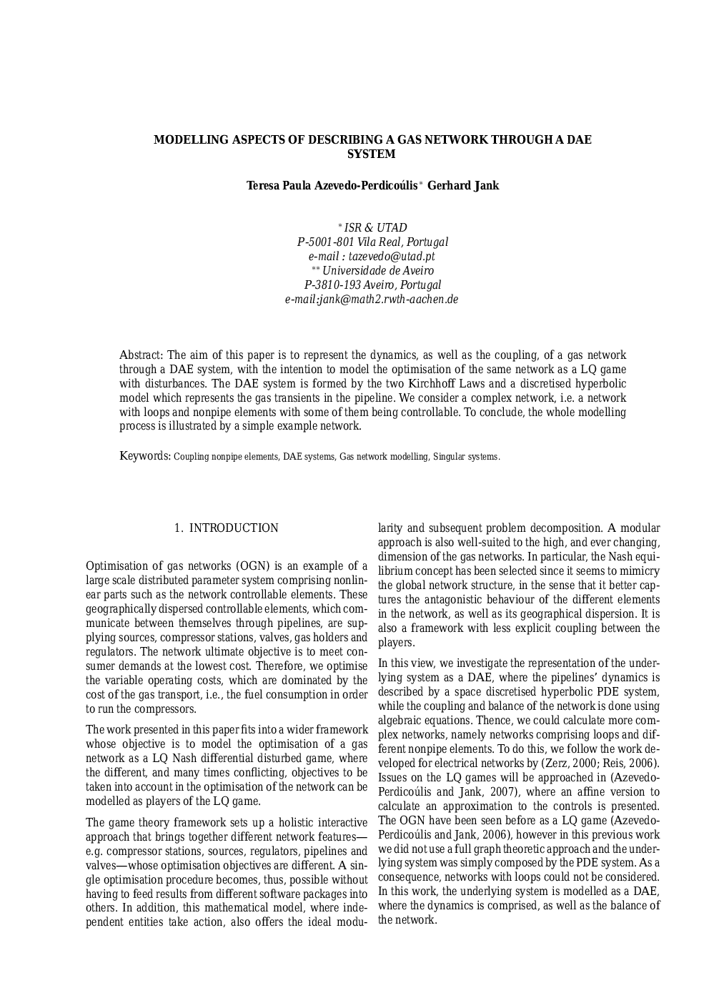 MODELLING ASPECTS OF DESCRIBING A GAS NETWORK THROUGH A DAE SYSTEM