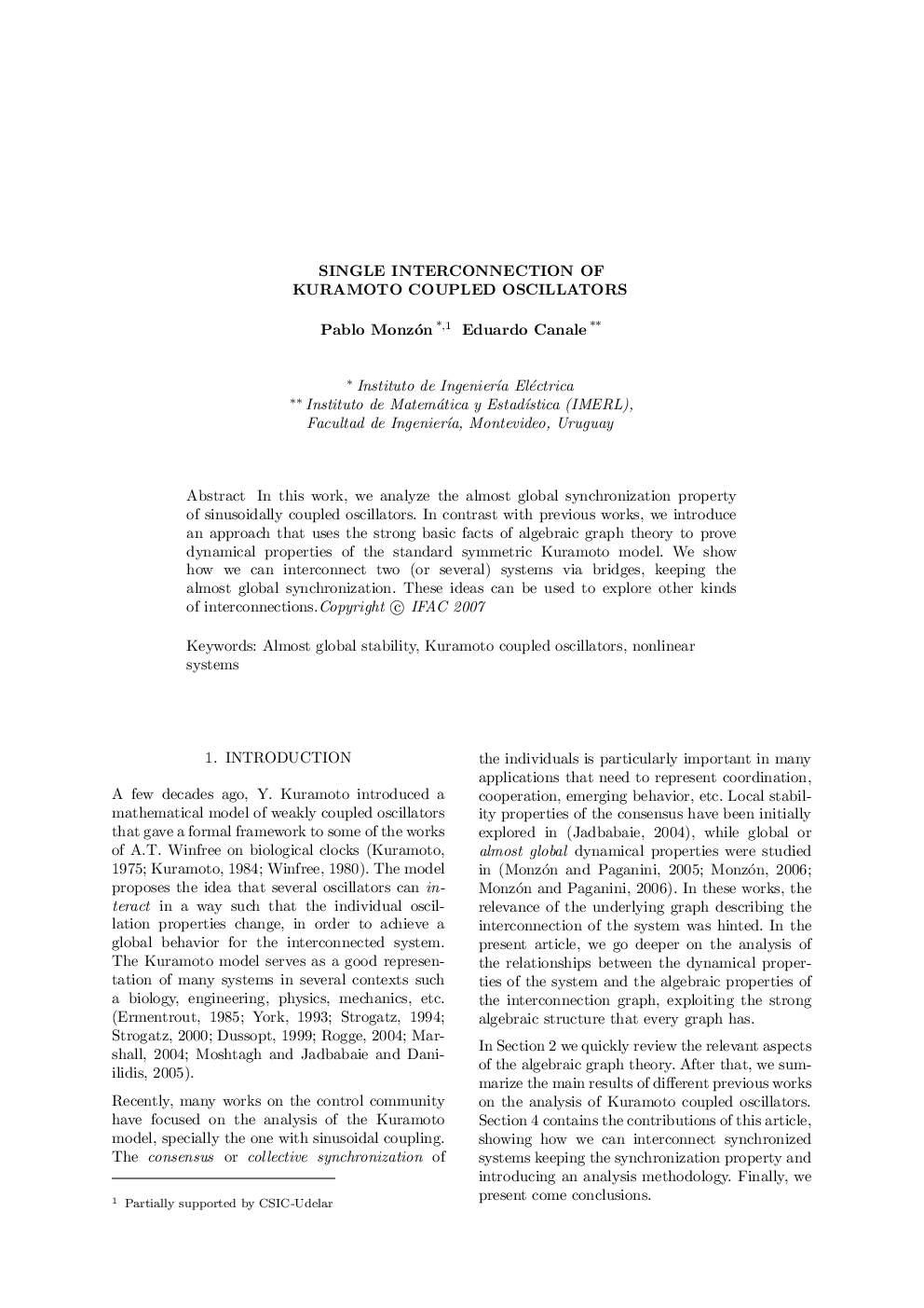 SINGLE INTERCONNECTION OF KURAMOTO COUPLED OSCILLATORS