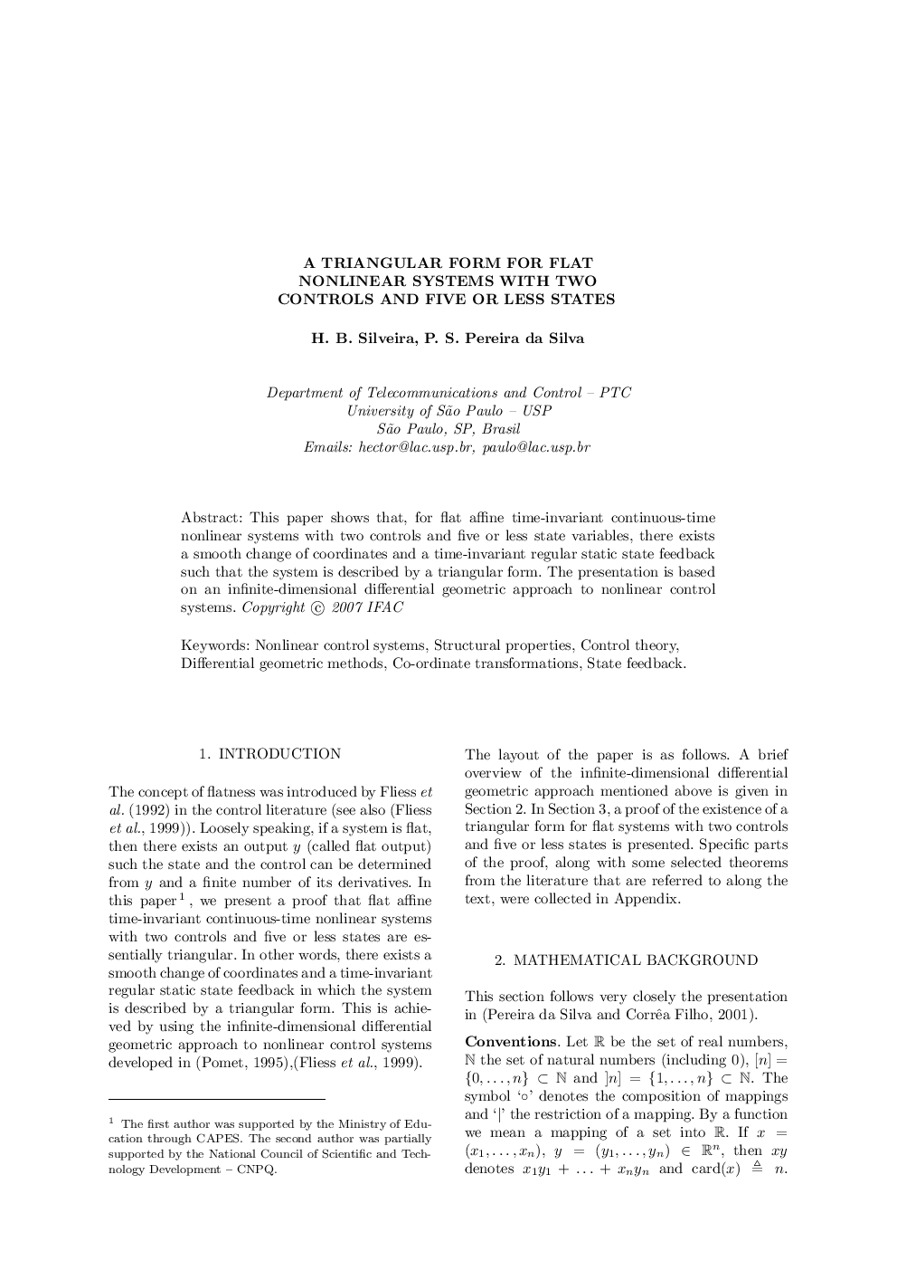 A TRIANGULAR FORM FOR FLAT NONLINEAR SYSTEMS WITH TWO CONTROLS AND FIVE OR LESS STATES 