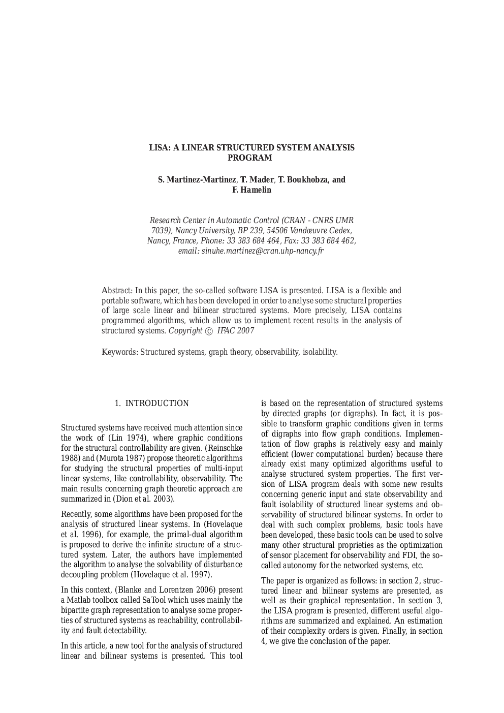 LISA: A LINEAR STRUCTURED SYSTEM ANALYSIS PROGRAM