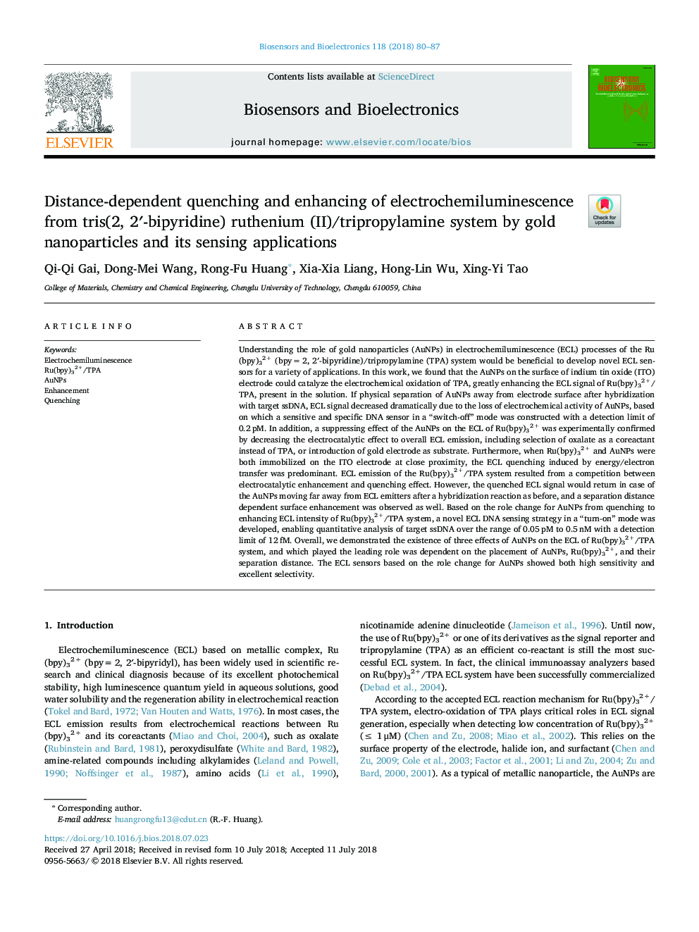 Distance-dependent quenching and enhancing of electrochemiluminescence from tris(2, 2â²-bipyridine) ruthenium (II)/tripropylamine system by gold nanoparticles and its sensing applications