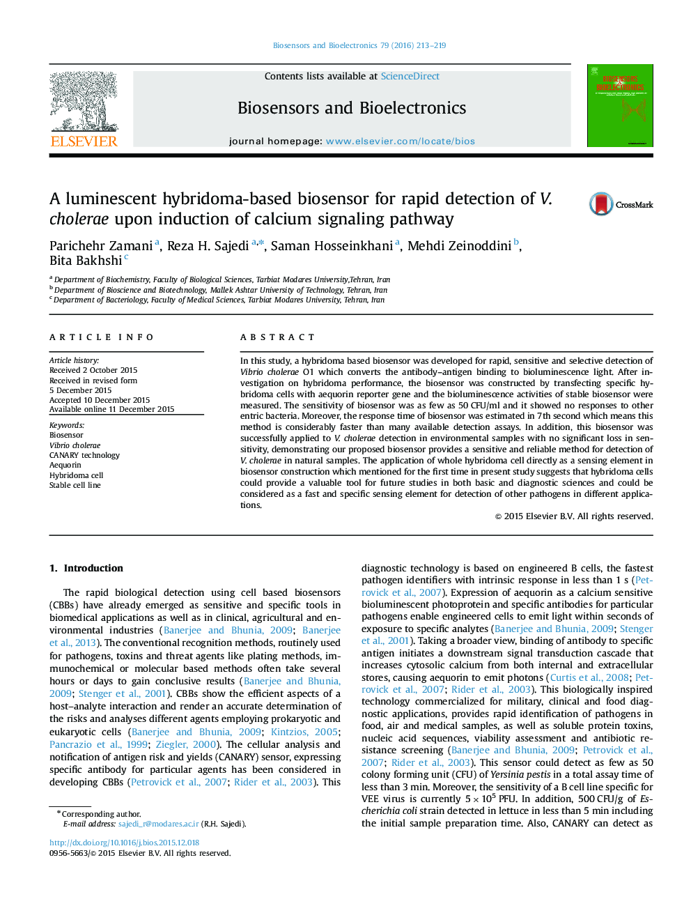 A luminescent hybridoma-based biosensor for rapid detection of V. cholerae upon induction of calcium signaling pathway