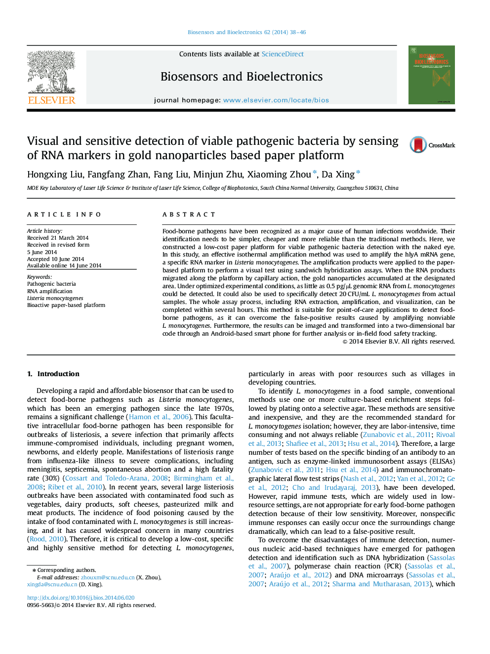 Visual and sensitive detection of viable pathogenic bacteria by sensing of RNA markers in gold nanoparticles based paper platform