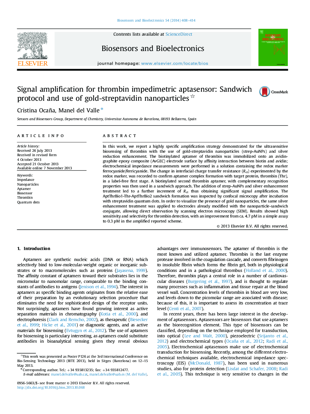 Signal amplification for thrombin impedimetric aptasensor: Sandwich protocol and use of gold-streptavidin nanoparticles