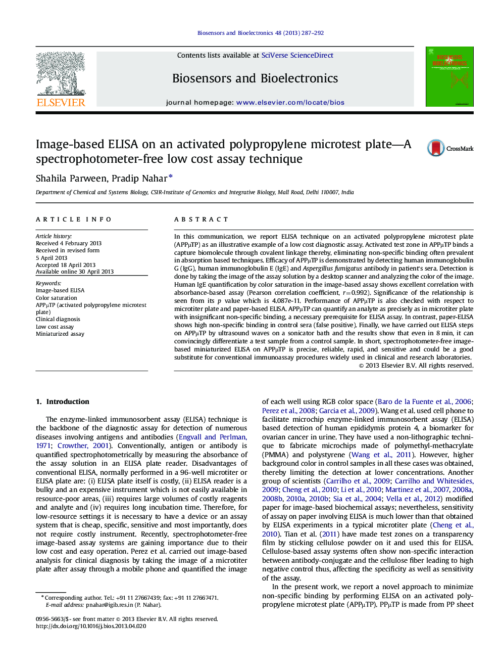 Image-based ELISA on an activated polypropylene microtest plate-A spectrophotometer-free low cost assay technique