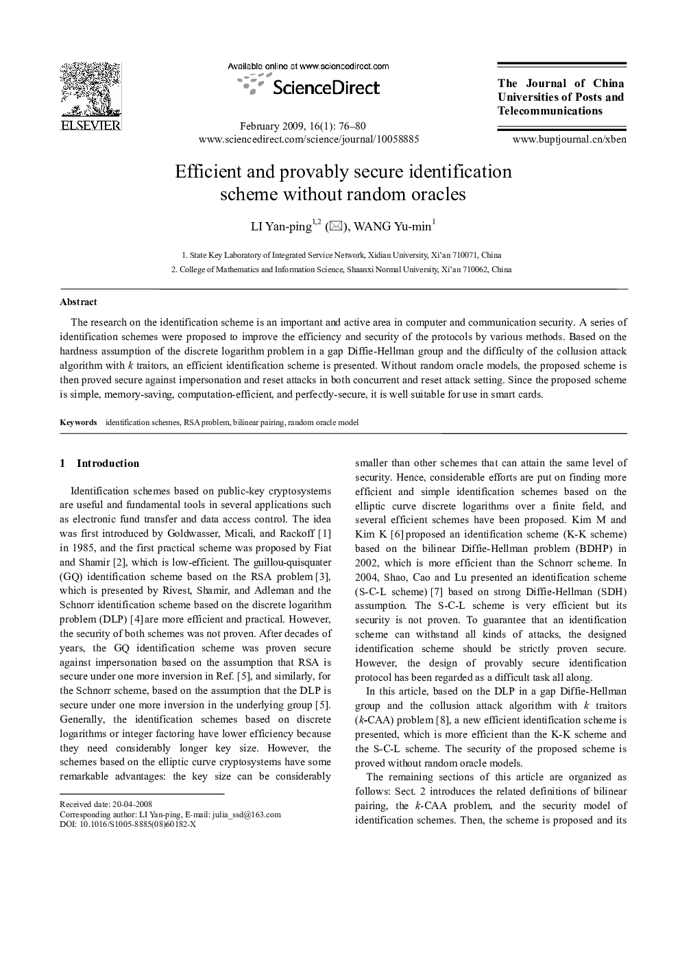 Efficient and provably secure identification scheme without random oracles