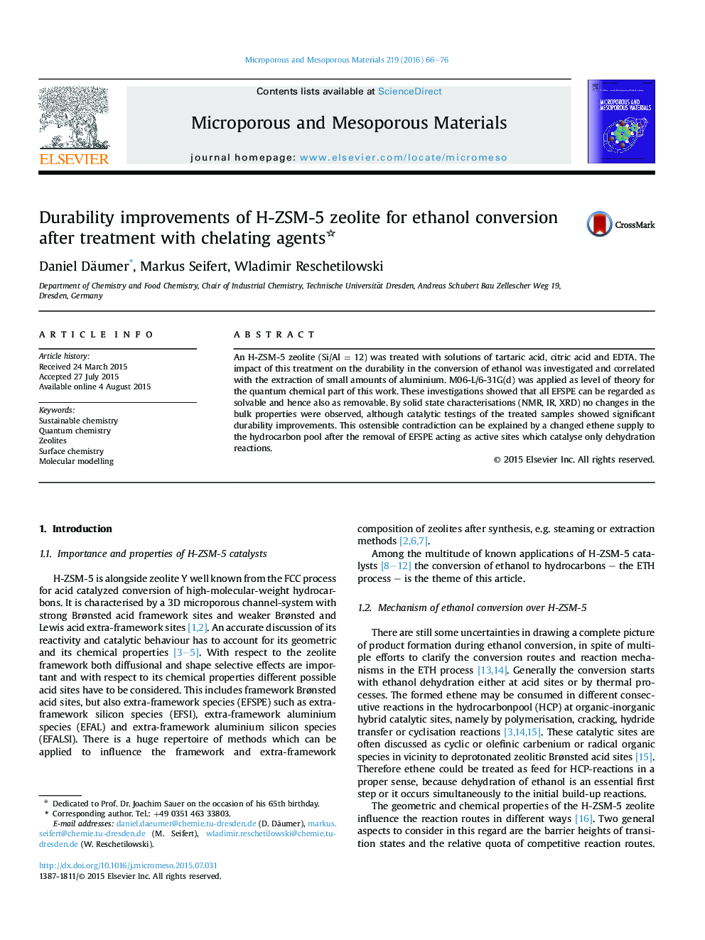 Durability improvements of H-ZSM-5 zeolite for ethanol conversion after treatment with chelating agents 