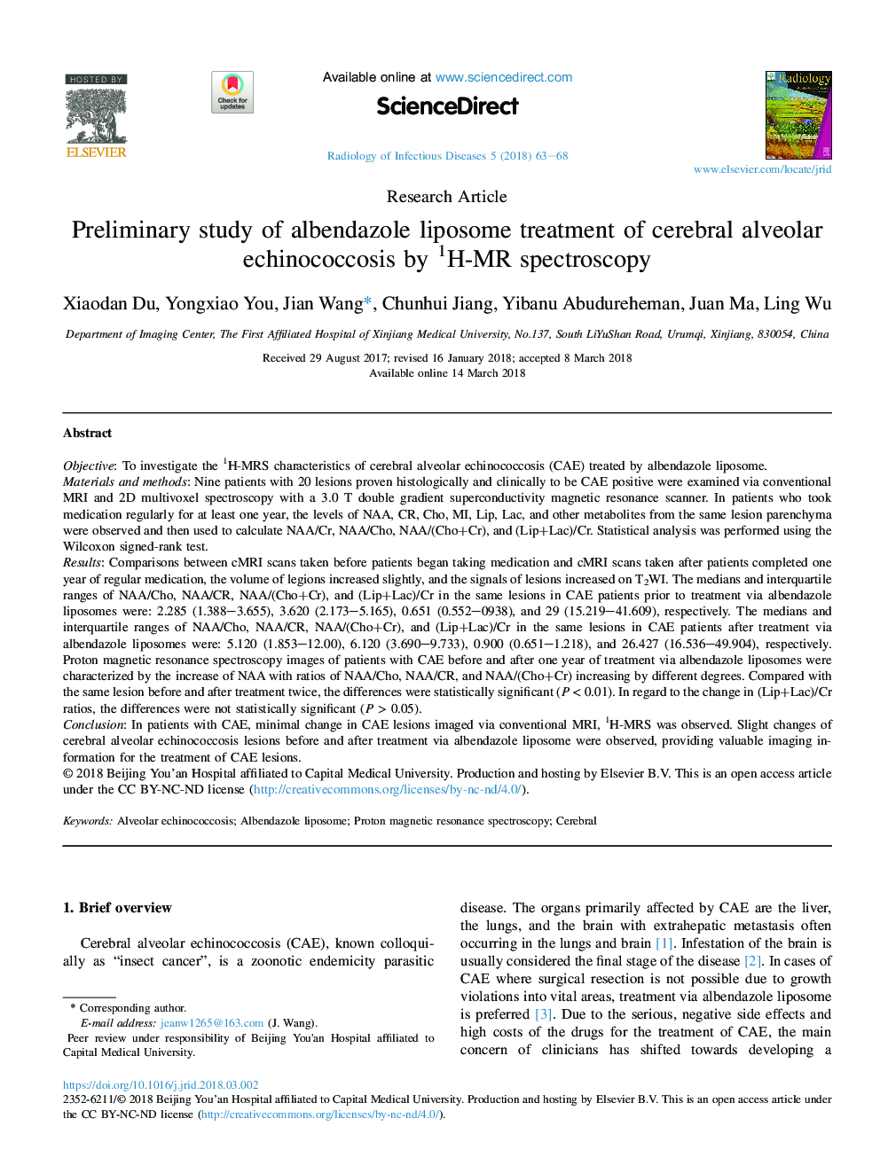 Preliminary study of albendazole liposome treatment of cerebral alveolar echinococcosis by 1H-MR spectroscopy