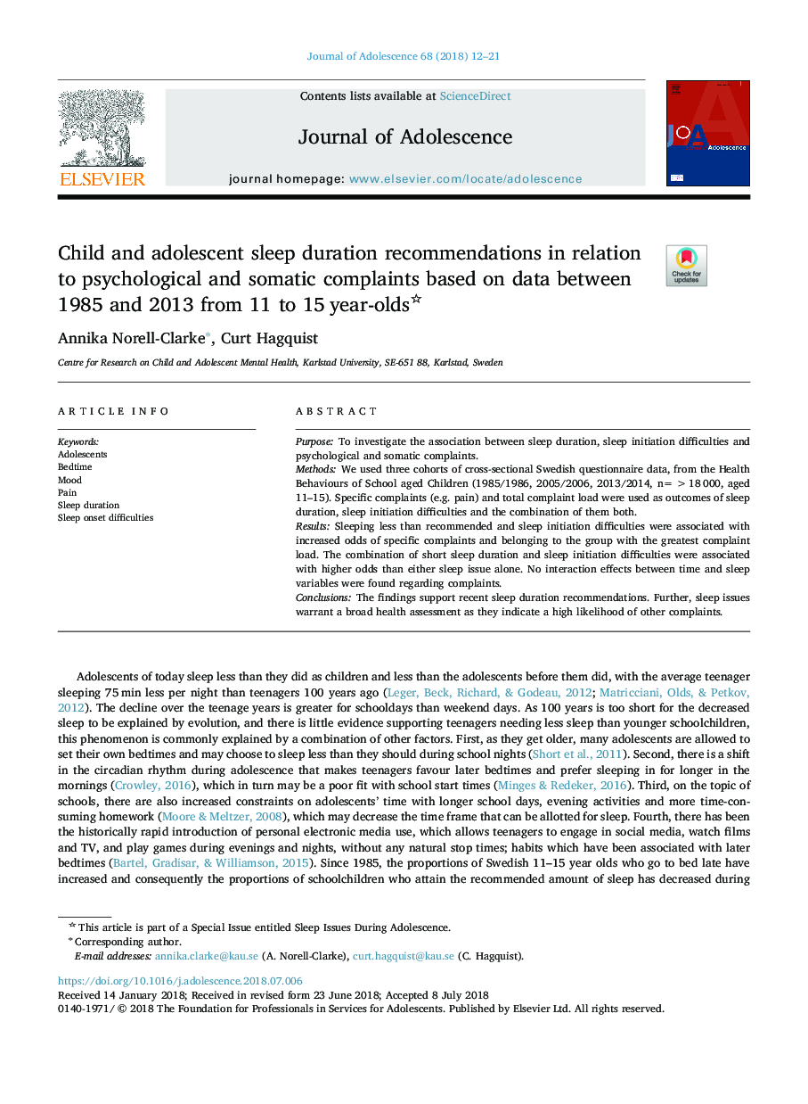 Child and adolescent sleep duration recommendations in relation to psychological and somatic complaints based on data between 1985 and 2013 from 11 to 15â¯year-olds