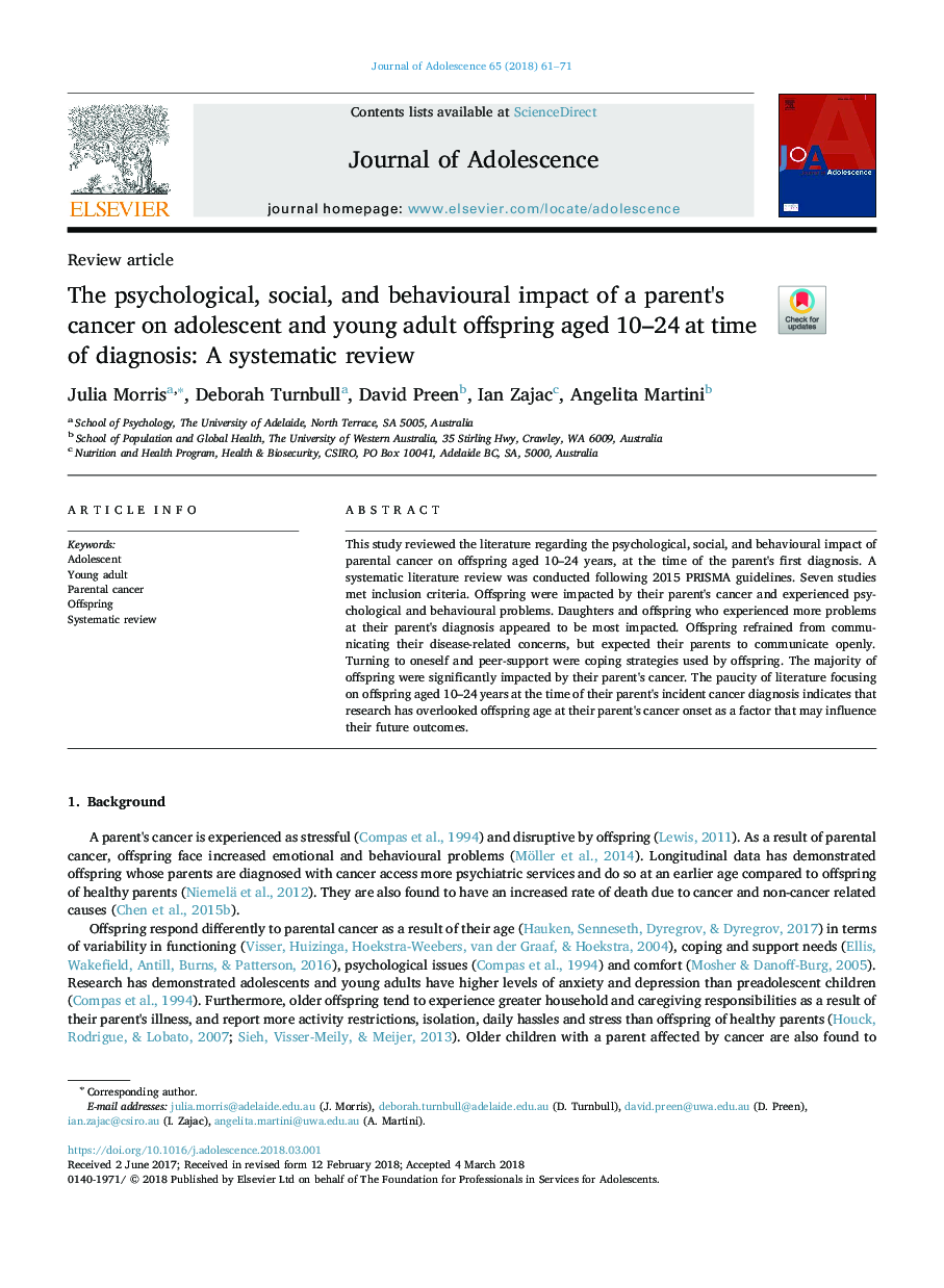 The psychological, social, and behavioural impact of a parent's cancer on adolescent and young adult offspring aged 10-24â¯at time of diagnosis: A systematic review