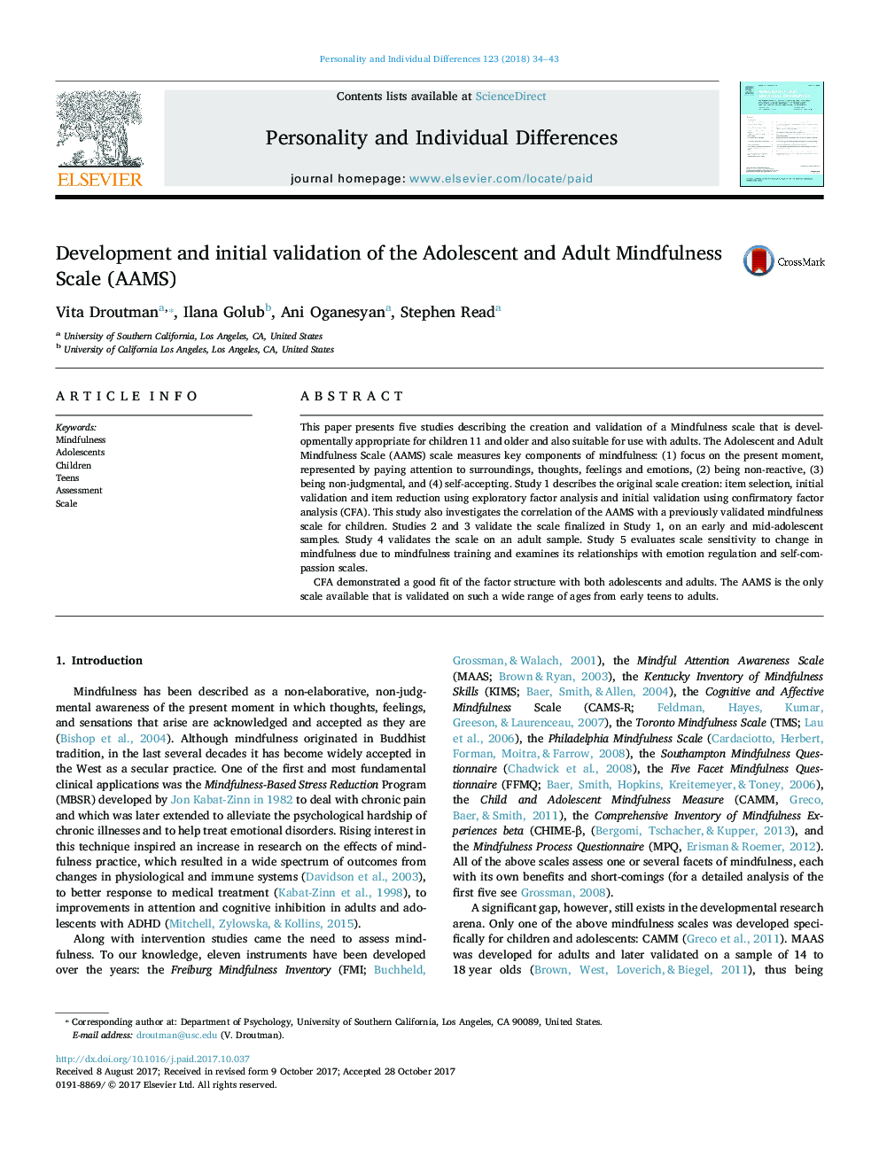 Development and initial validation of the Adolescent and Adult Mindfulness Scale (AAMS)
