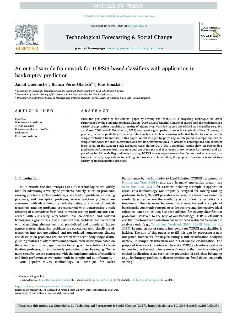 An out-of-sample framework for TOPSIS-based classifiers with application in bankruptcy prediction