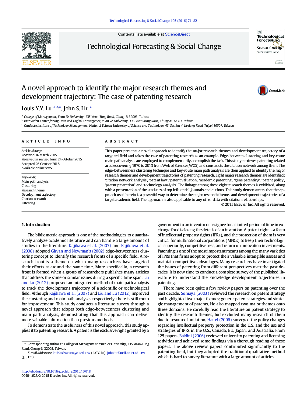 یک رویکرد جدید برای شناسایی موضوعات مهم تحقیق و مسیر توسعه: مورد تحقیق ثبت اختراع 