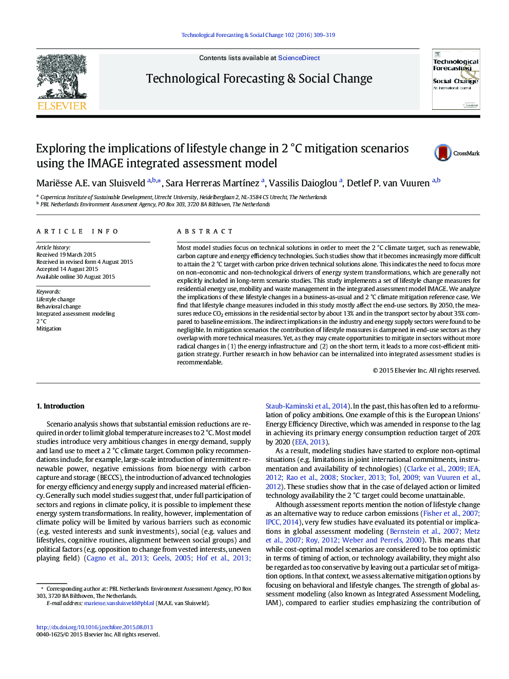 Exploring the implications of lifestyle change in 2Â Â°C mitigation scenarios using the IMAGE integrated assessment model