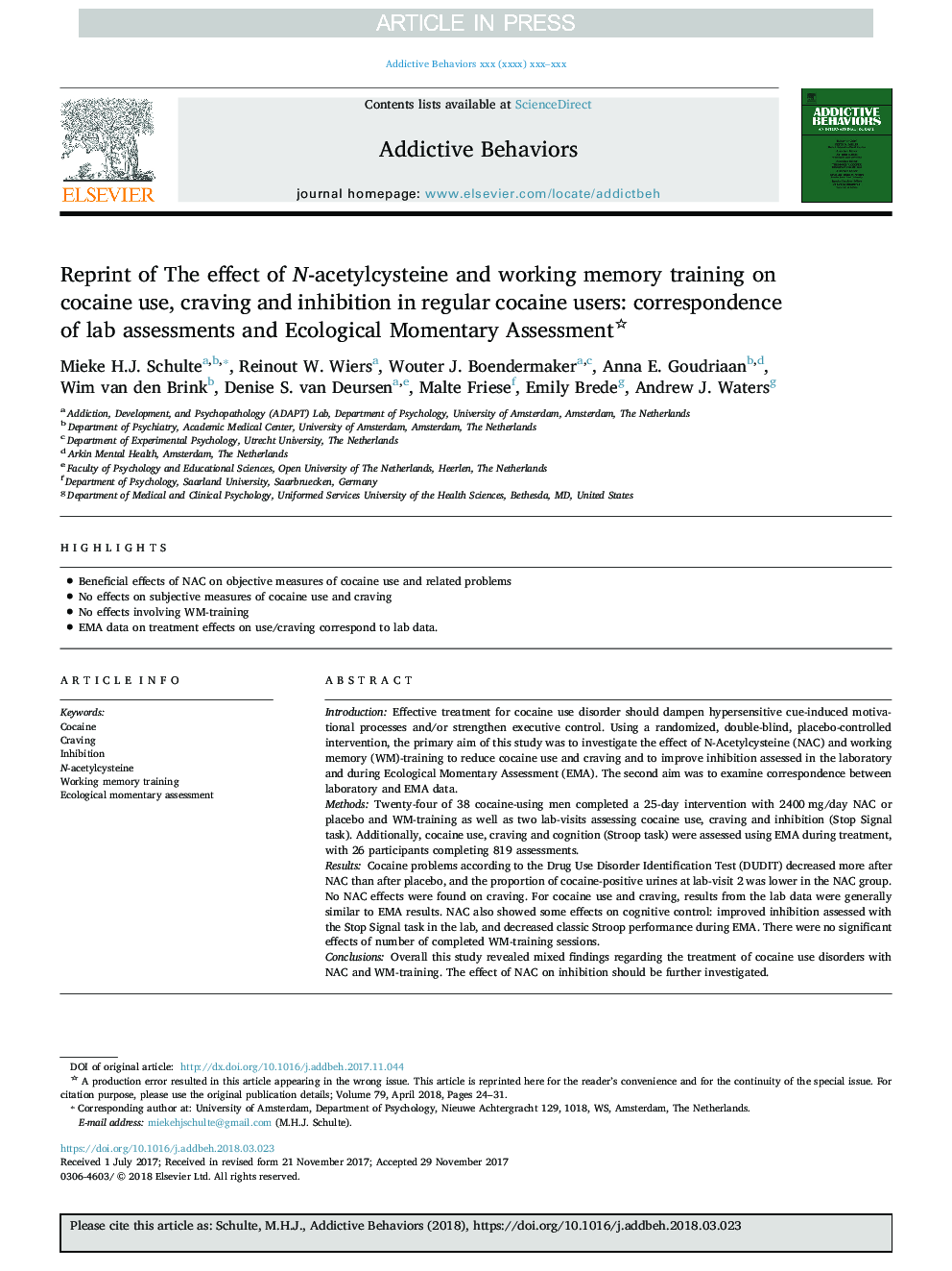 Reprint of The effect of N-acetylcysteine and working memory training on cocaine use, craving and inhibition in regular cocaine users: correspondence of lab assessments and Ecological Momentary Assessment