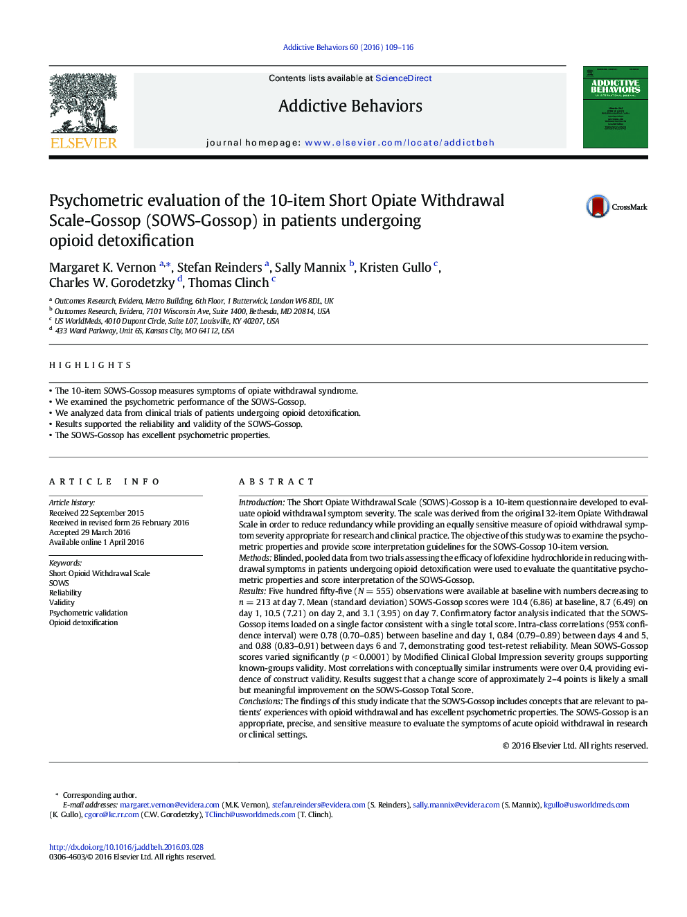 Psychometric evaluation of the 10-item Short Opiate Withdrawal Scale-Gossop (SOWS-Gossop) in patients undergoing opioid detoxification