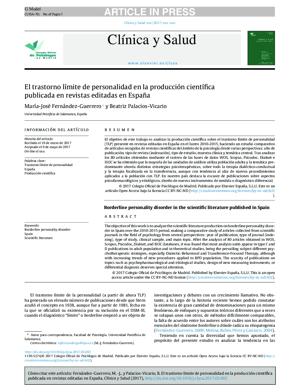 El trastorno lÃ­mite de personalidad en la producción cientÃ­fica publicada en revistas editadas en España