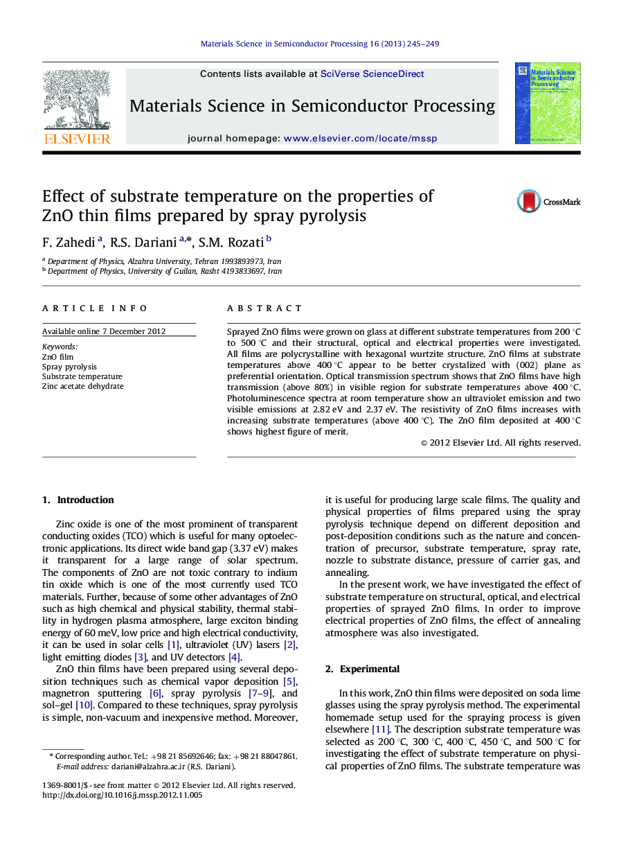 Effect of substrate temperature on the properties of ZnO thin films prepared by spray pyrolysis