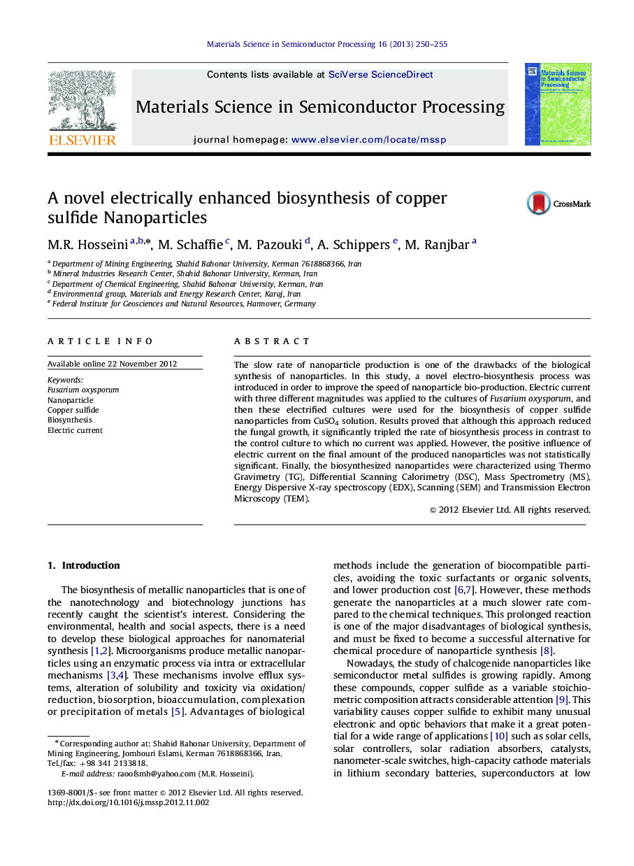A novel electrically enhanced biosynthesis of copper sulfide Nanoparticles