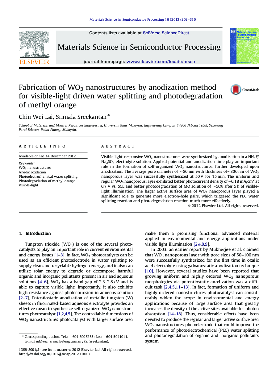 Fabrication of WO3 nanostructures by anodization method for visible-light driven water splitting and photodegradation of methyl orange