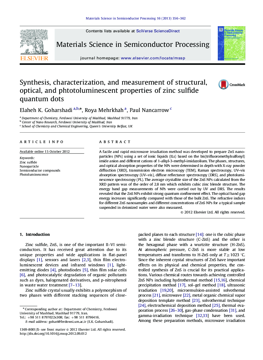 Synthesis, characterization, and measurement of structural, optical, and phtotoluminescent properties of zinc sulfide quantum dots