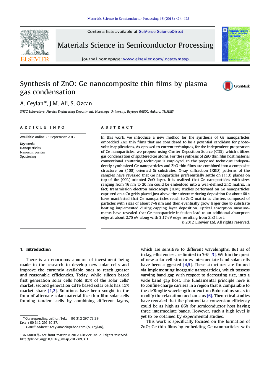 Synthesis of ZnO: Ge nanocomposite thin films by plasma gas condensation