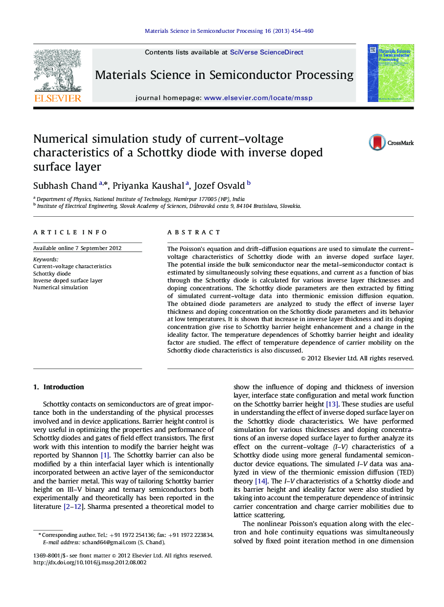 Numerical simulation study of current–voltage characteristics of a Schottky diode with inverse doped surface layer