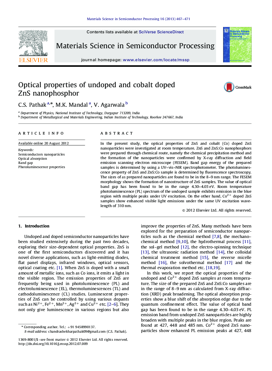 Optical properties of undoped and cobalt doped ZnS nanophosphor
