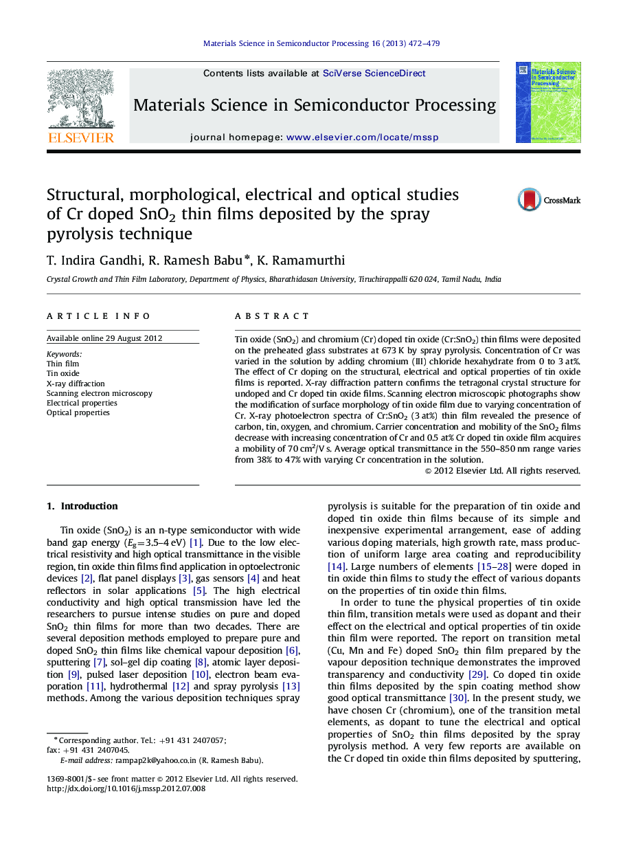 Structural, morphological, electrical and optical studies of Cr doped SnO2 thin films deposited by the spray pyrolysis technique
