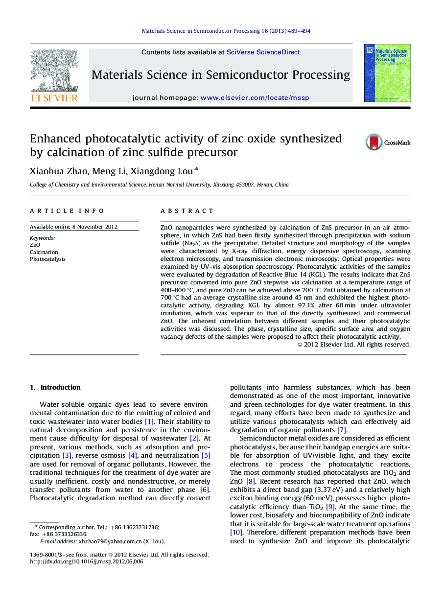 Enhanced photocatalytic activity of zinc oxide synthesized by calcination of zinc sulfide precursor